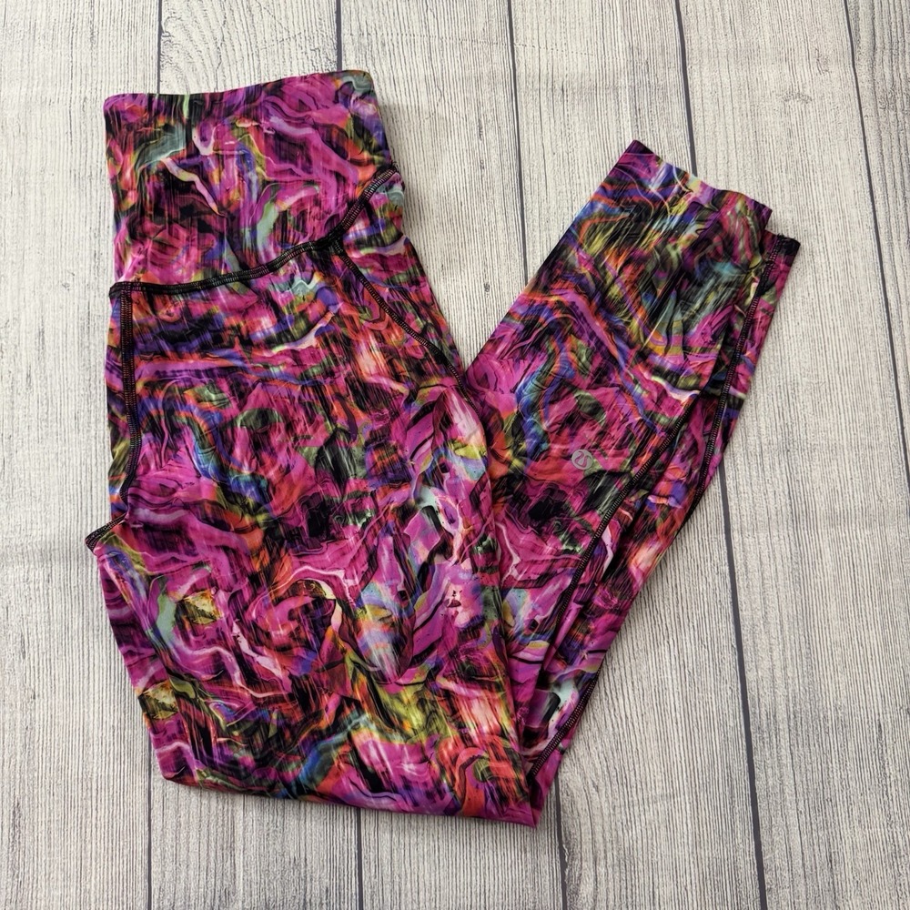 Lululemon Fast Free High Rise Hyper Flow Pink Multi 25" Leggings Size 6 Workout‎